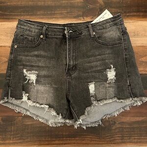 Black High-Waisted Jean Shorts with Frayed Hem